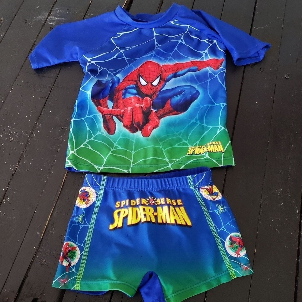 Spiderman Two Piece Swim Set Rash Guard Trunks Blue Green Baby Boy Medium 3-6 Mo